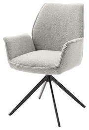 Grauer Armlehnstuhl mit modernem Design, gepolstertem Sitz und schwarzem Metallgestell, seitliche Perspektive