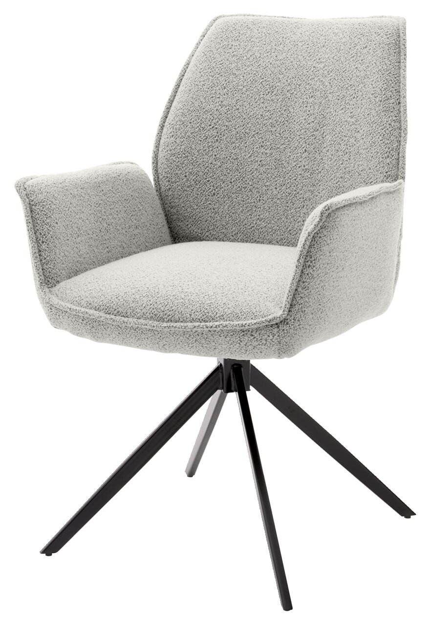 Grauer Armlehnstuhl mit modernem Design, gepolstertem Sitz und schwarzem Metallgestell, seitliche Perspektive