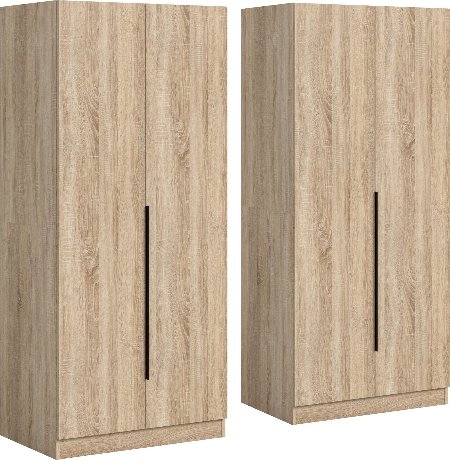 MID.YOU Kledingkastcombinatie KOPENHAGEN Zweitüriger Kleiderschrank in heller Holzoptik mit langen schwarzen Griffleisten, freistehend auf Sockel, in schräger Frontansicht (3/4-Perspektive) vor weißem Hintergrund