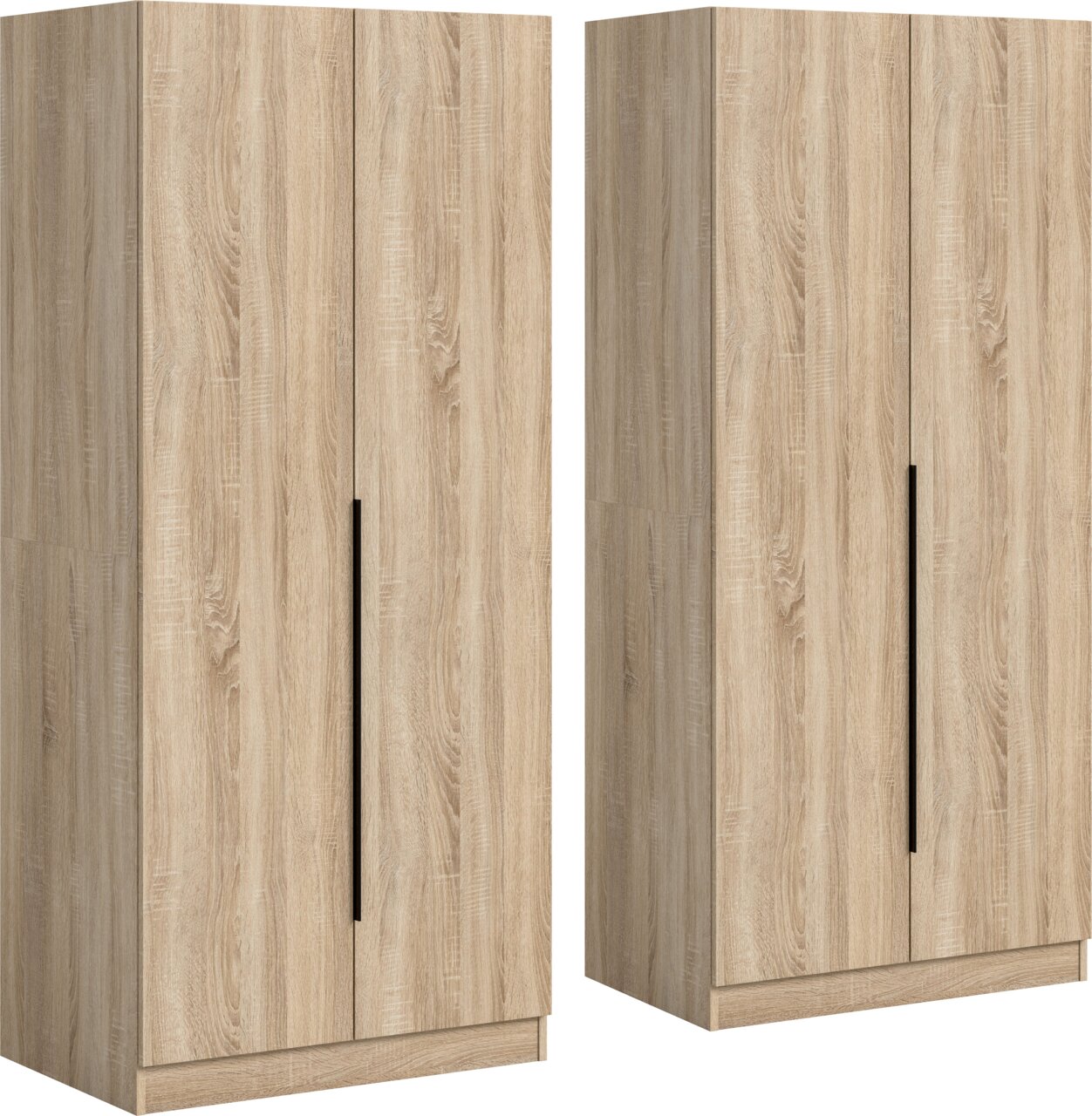 MID.YOU Kleiderschrankkombination KOPENHAGEN Zweitüriger Kleiderschrank in heller Holzoptik mit langen schwarzen Griffleisten, freistehend auf Sockel, in schräger Frontansicht (3/4-Perspektive) vor weißem Hintergrund
