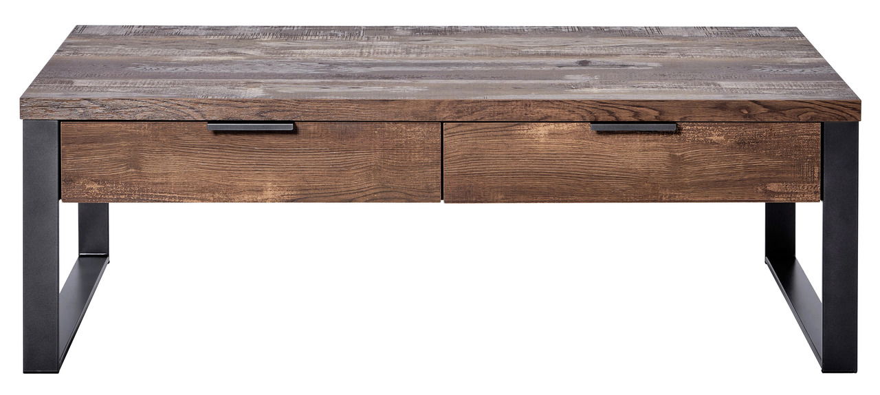 Moderner Couchtisch aus Holz mit Metallbeinen, Frontalansicht