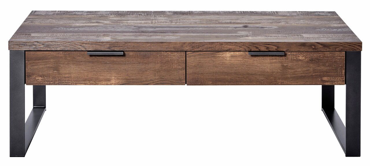 Moderner Couchtisch aus Holz mit Metallbeinen, Frontalansicht