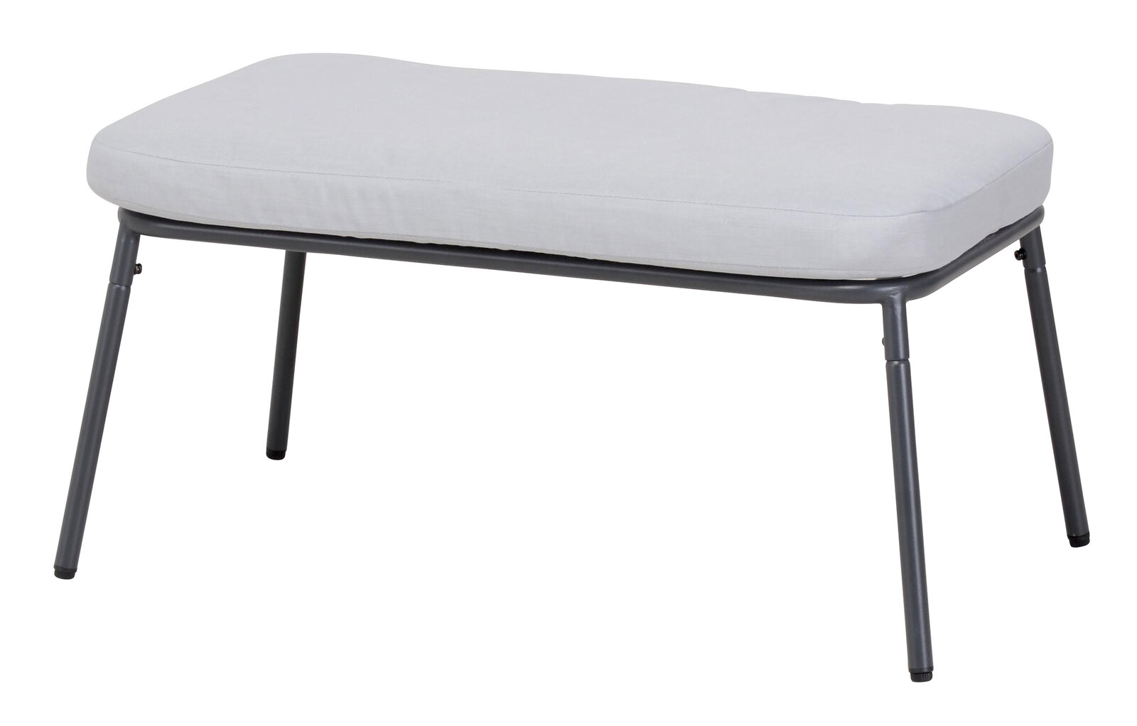 Graue Bank mit gepolstertem Sitzkissen, seitliche Perspektive