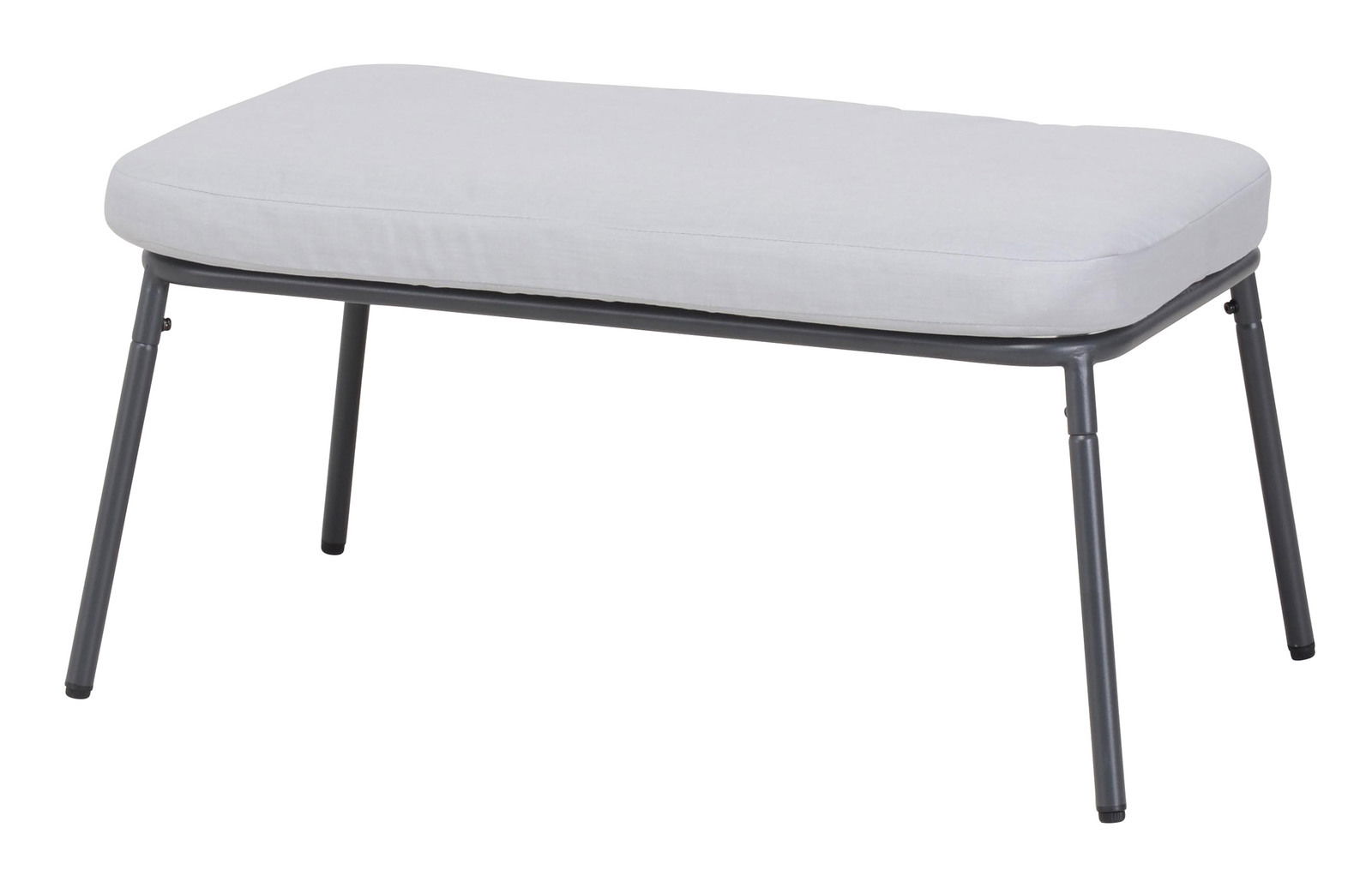 Graue Bank mit gepolstertem Sitzkissen, seitliche Perspektive