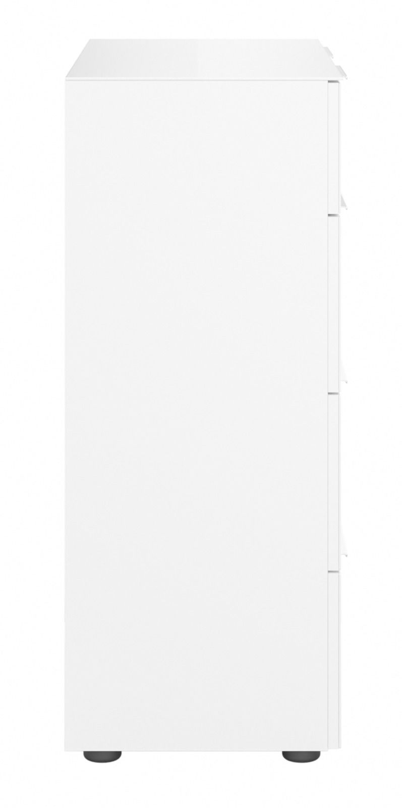 Weiße Kommode von der Seite mit schlichten Linien und modernem Design.