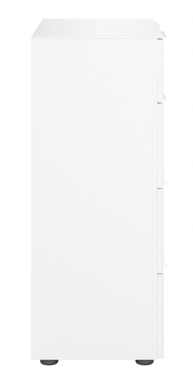 Weiße Kommode von der Seite mit schlichten Linien und modernem Design.
