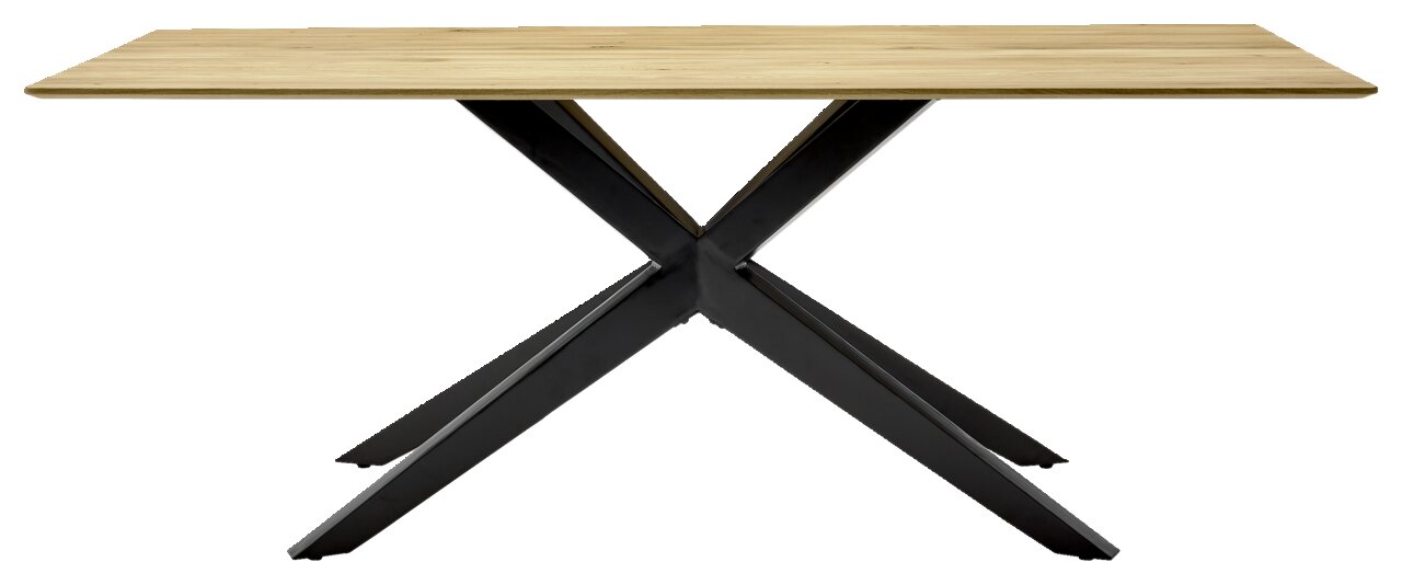 Moderner Esstisch mit Holzplatte und schwarzem Metallgestell in X-Form, seitliche Perspektive