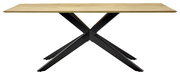 Moderner Esstisch mit Holzplatte und schwarzem Metallgestell in X-Form, seitliche Perspektive