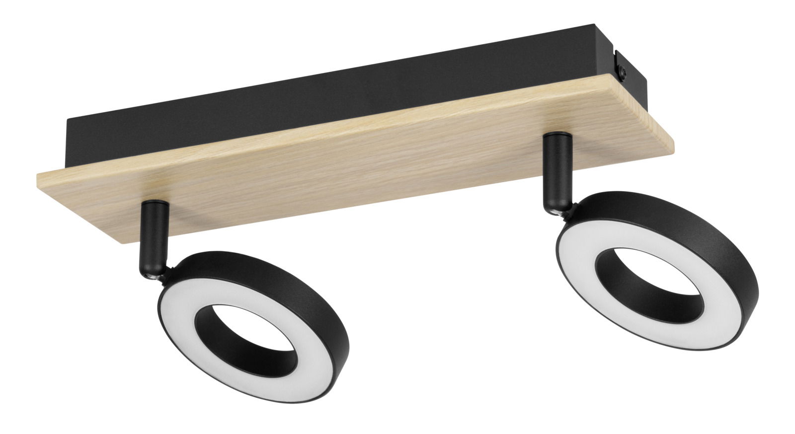 Zweiflammiger Deckenstrahler mit schwarzem und weißem Ringdesign, montiert auf einer Holzplatte, seitliche Perspektive.