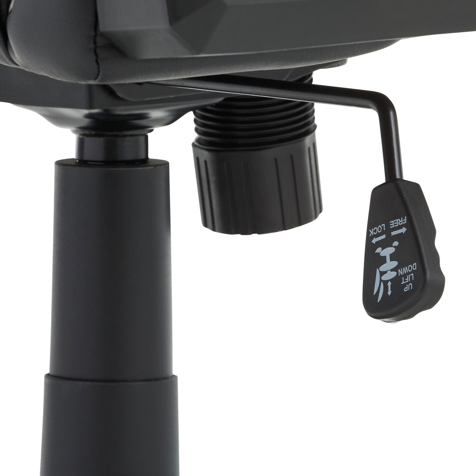 Nahaufnahme der Höhenverstellung eines Gaming-Stuhls von unten betrachtet.