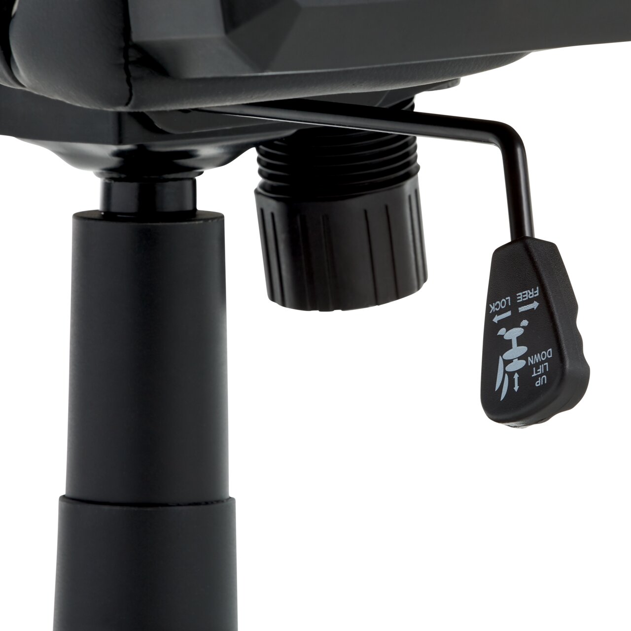 Nahaufnahme der Höhenverstellung eines Gaming-Stuhls von unten betrachtet.