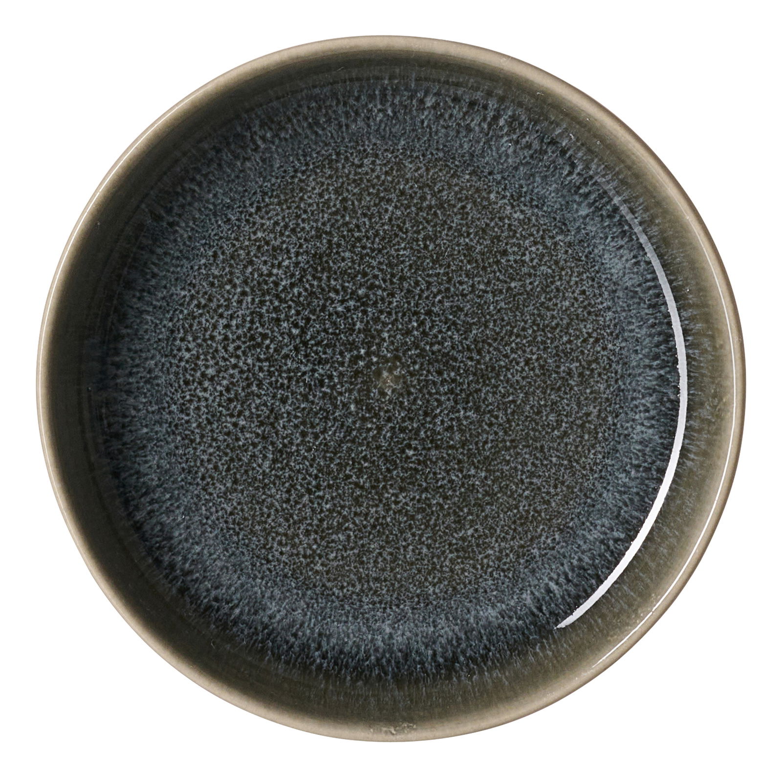 Ritzenhoff & Breker Dipschaal EDA SCHIEFER Draufsicht auf eine runde Dipschale mit dunkelblauer, gesprenkelter Glasur und einem Durchmesser von 10 cm.
