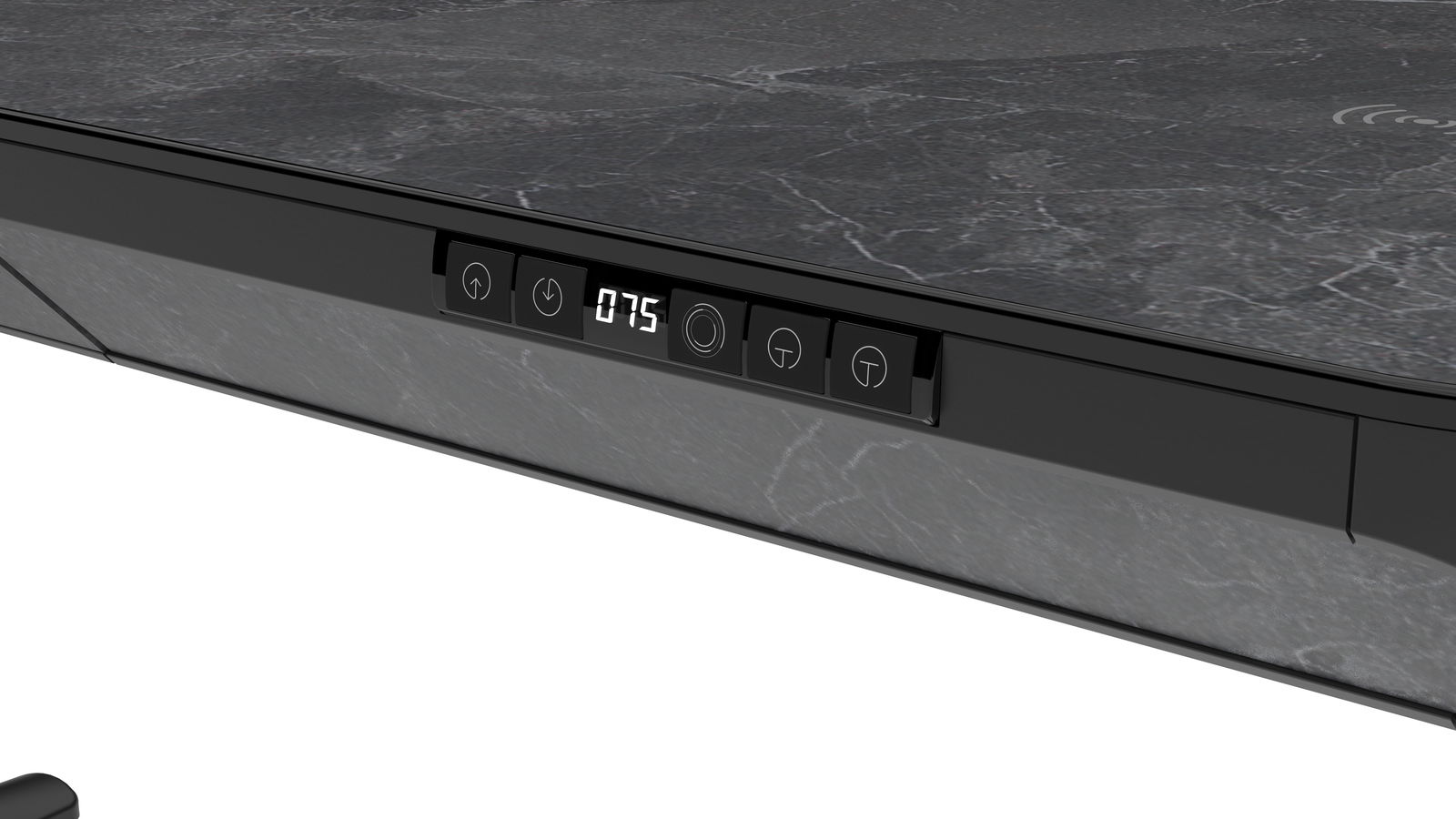 Nahaufnahme eines E-Schreibtischs mit digitalem Bedienfeld und Marmoroptik, seitliche Perspektive