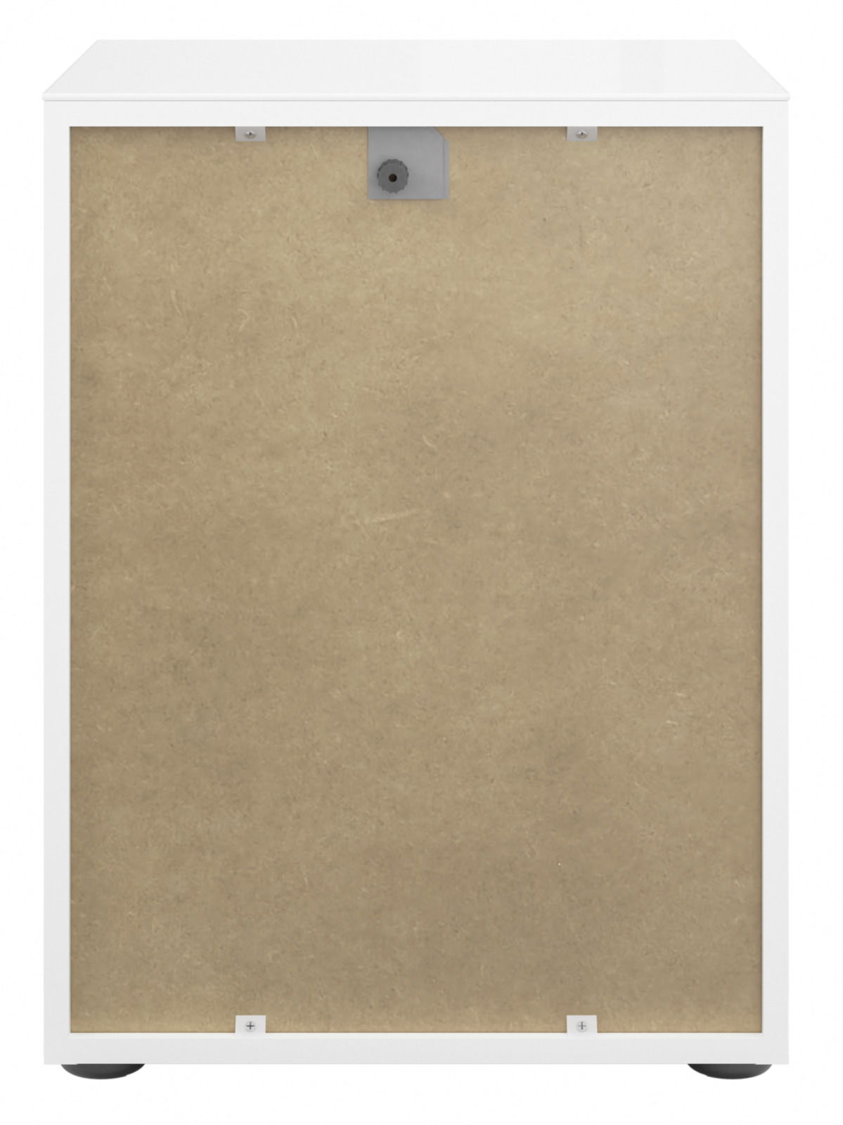 Rückansicht einer weißen Nachtkommode mit einer Rückwand aus Holzfaserplatte.