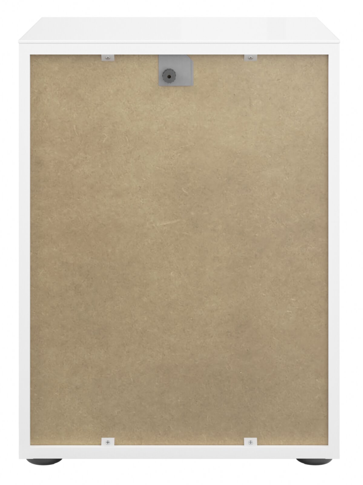 Rückansicht einer weißen Nachtkommode mit einer Rückwand aus Holzfaserplatte.