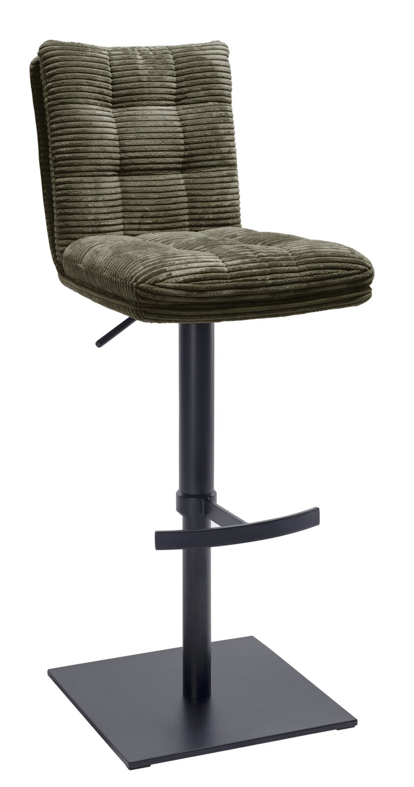 Moderner Barhocker mit olivgrünem, geripptem Stoffbezug und schwarzem Metallgestell, seitliche Perspektive