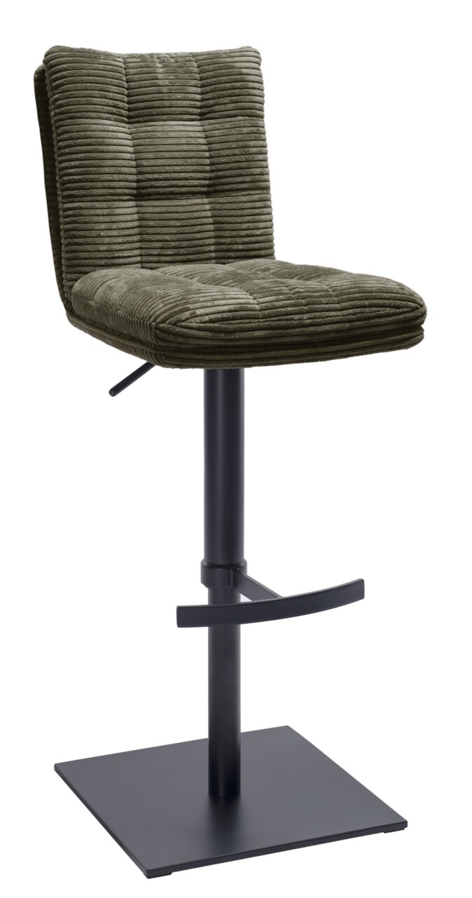 Moderner Barhocker mit olivgrünem, geripptem Stoffbezug und schwarzem Metallgestell, seitliche Perspektive