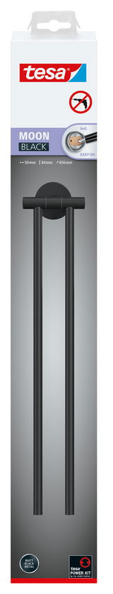 Schwarzer Handtuchhalter von tesa MOON BLACK, frontal abgebildet, mit zwei parallelen Stangen und mattem Finish.