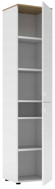 Hoge witte kantoorkast met houten accenten aan de bovenkant, open deur, vier legplanken, zijaanzicht