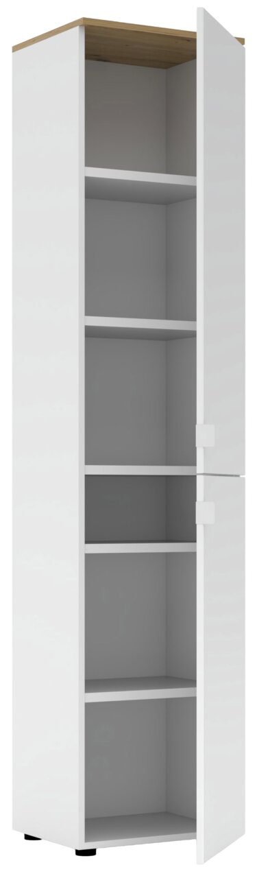 Hoge witte kantoorkast met houten accenten aan de bovenkant, open deur, vier legplanken, zijaanzicht