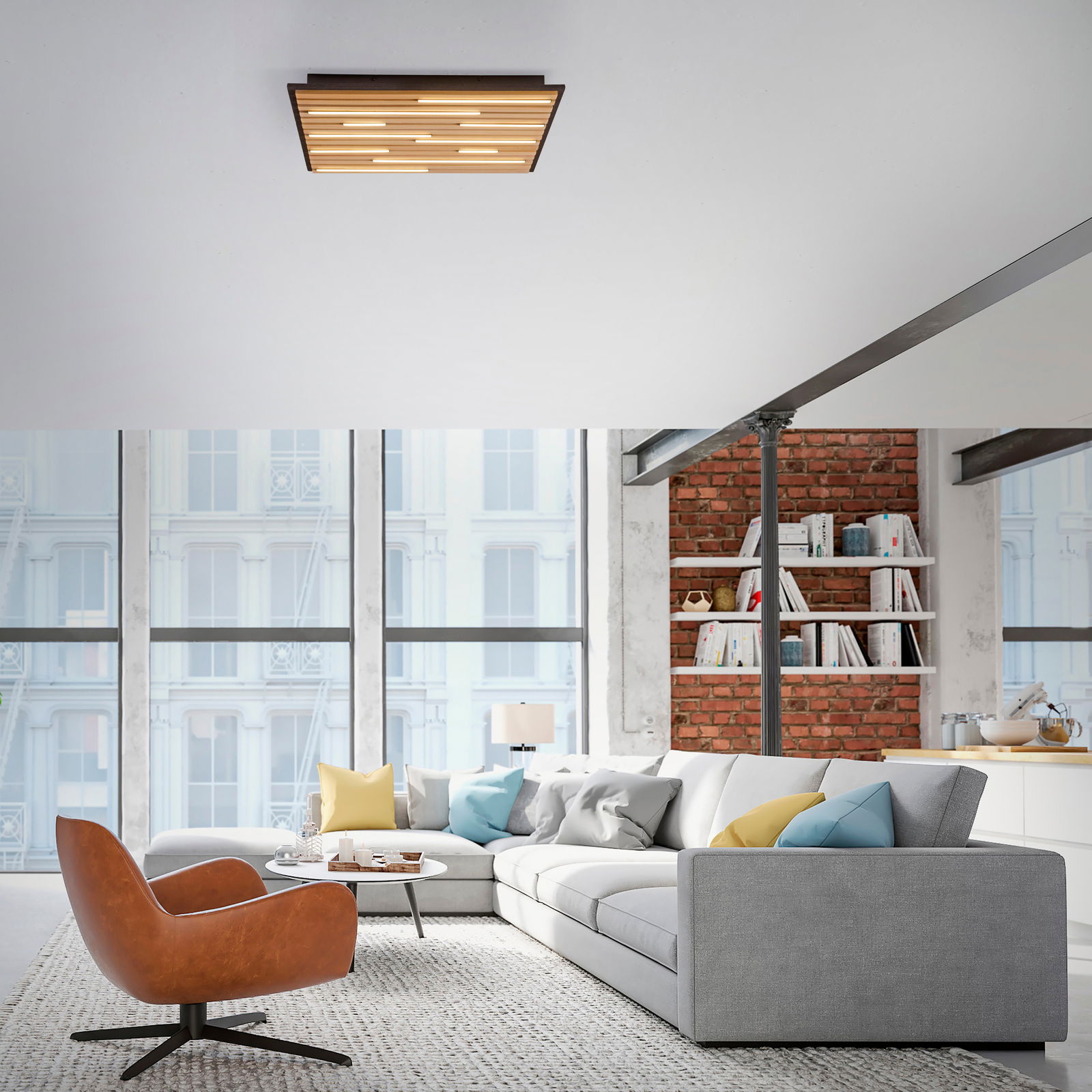 Paul Neuhaus Wand- und Deckenleuchte Q-AKUS Q-AKUSTIK Moderne Wand- und Deckenleuchte Q-AKUS in einem stilvollen Wohnzimmer, aus der Perspektive von unten betrachtet.