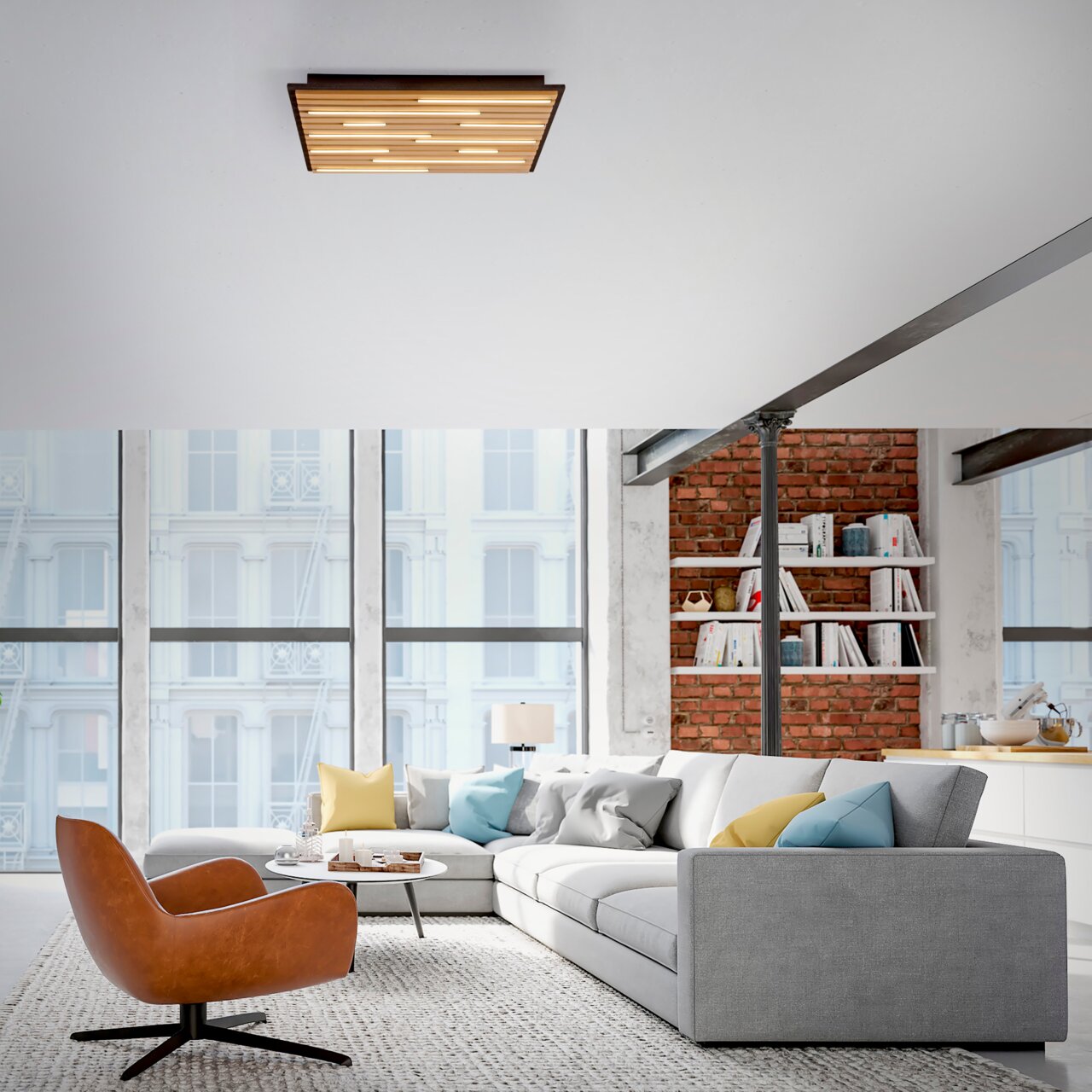 Moderne Wand- und Deckenleuchte Q-AKUS in einem stilvollen Wohnzimmer, aus der Perspektive von unten betrachtet.