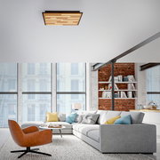 Moderne Wand- und Deckenleuchte Q-AKUS in einem stilvollen Wohnzimmer, aus der Perspektive von unten betrachtet.