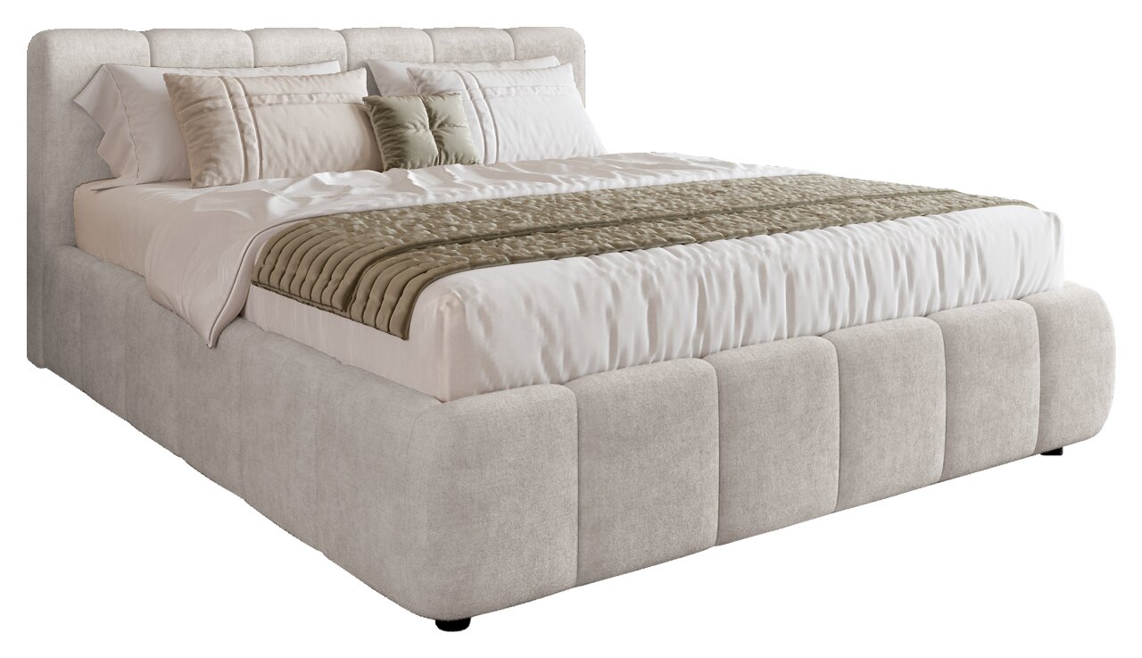 Polsterbettgestell in hellem Stoff mit Kissen und Decke, seitliche Perspektive