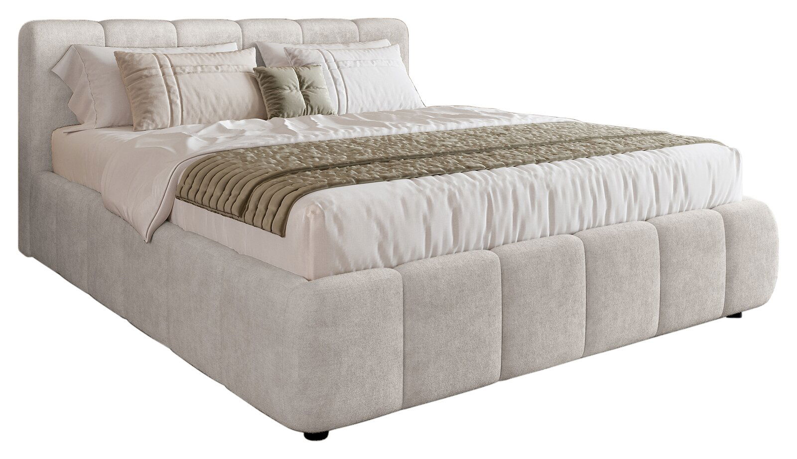 Polsterbettgestell in hellem Stoff mit Kissen und Decke, seitliche Perspektive