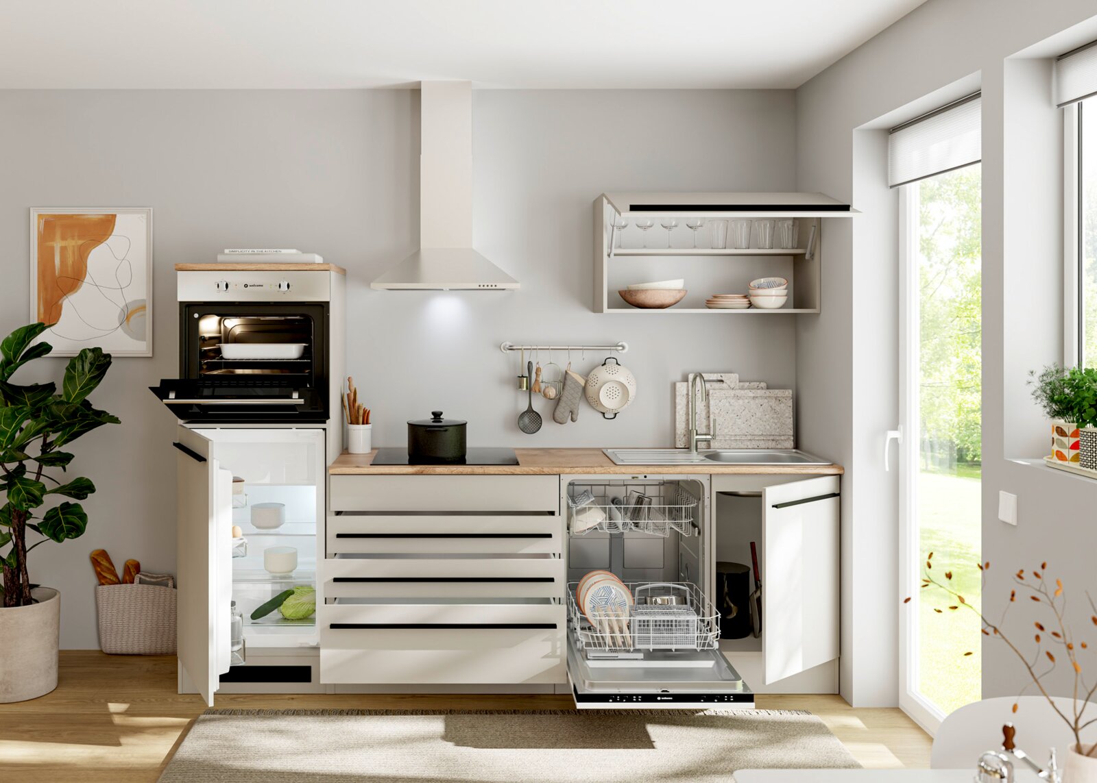 Frontaal aanzicht van een compacte, moderne witte keuken met houtkleurig werkblad, open oven, koelkast en vaatwasser, kookplaat, spoelbak, afzuigkap en wandkast.