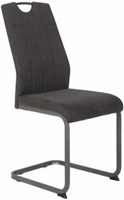 Moderner Schwingstuhl in dunklem Stoffbezug, seitliche Perspektive