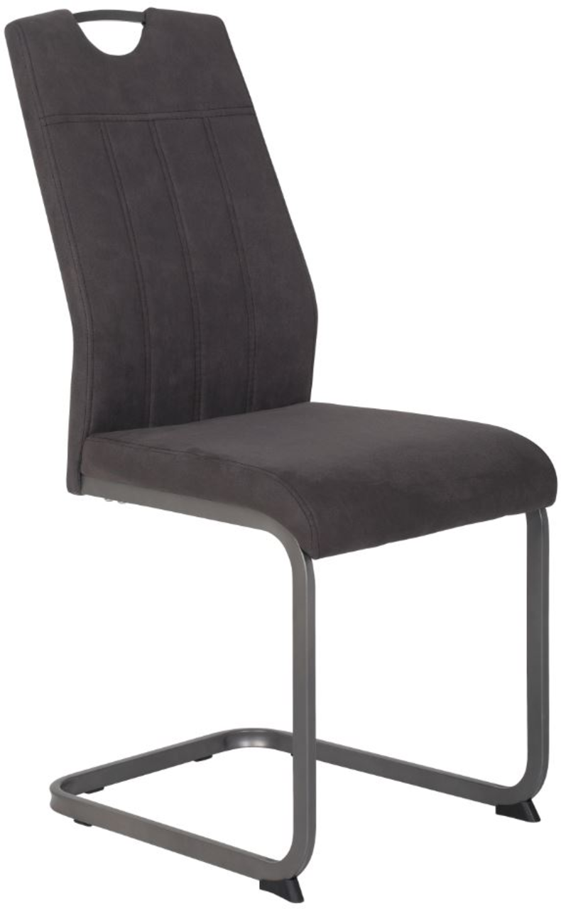 Moderner Schwingstuhl in dunklem Stoffbezug, seitliche Perspektive