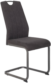 Moderner Schwingstuhl in dunklem Stoffbezug, seitliche Perspektive