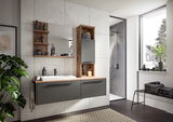 Moderner Badezimmer-Spiegel mit Holzrahmen, integriertem Regal und Waschbecken in einer stilvollen, hellen Umgebung. Perspektive: Frontalansicht.