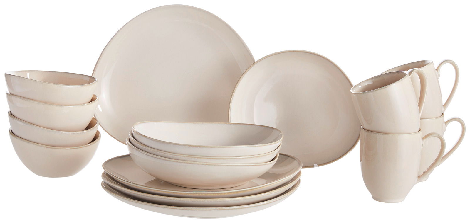 Beigefarbenes 16-teiliges Kombiservice bestehend aus Tellern, Schalen und Tassen, seitliche Perspektive
