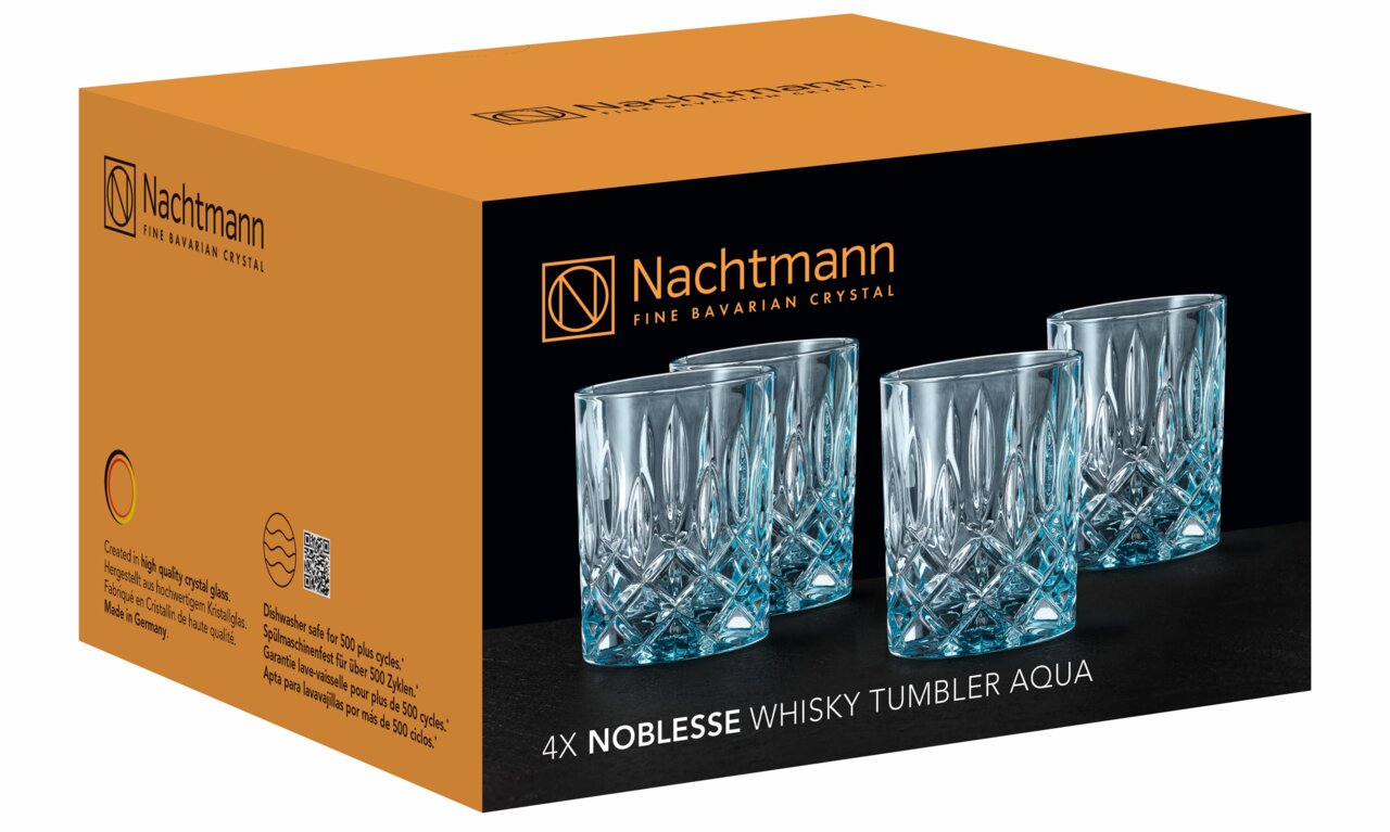 Verpakking van de Nachtmann Noblesse whiskyglazenset met vier kristallen glazen, zijaanzicht