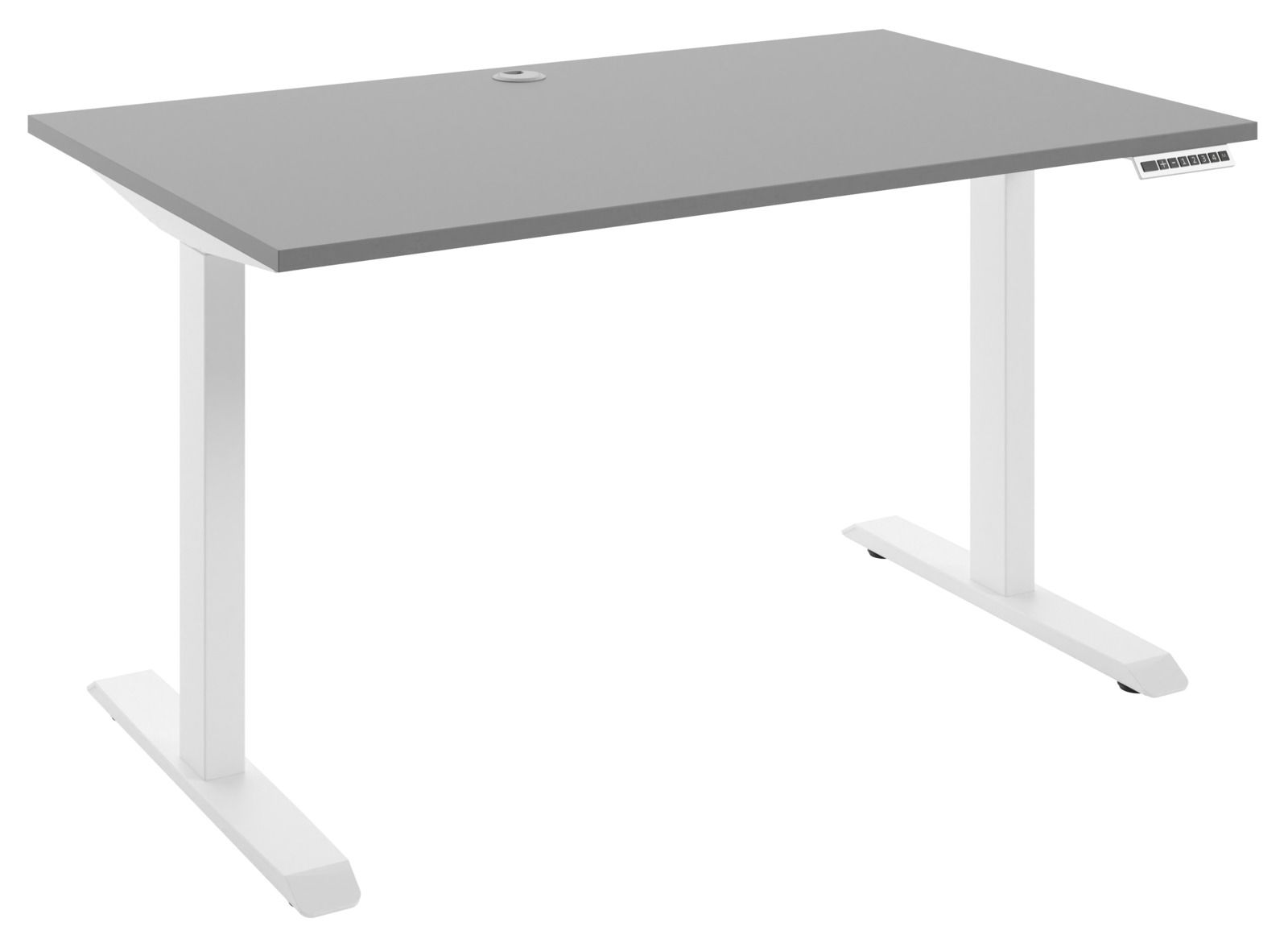 Manjana E-Schreibtisch 2-motorig OHIO Moderner E-Schreibtisch mit grauer Tischplatte und weißem Gestell, seitliche Perspektive