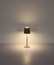 Moderne Tischleuchte mit braunem Lampenschirm, frontal betrachtet, auf einem schlichten Hintergrund.