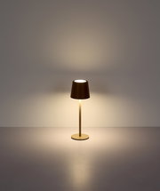 Moderne Tischleuchte mit braunem Lampenschirm, frontal betrachtet, auf einem schlichten Hintergrund.