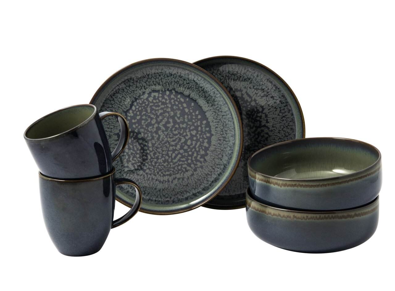 Like by Villeroy & Boch Frühstücks-Set 6-tlg CRAFTED BREEZE Frühstücks-Set 6-tlg. Breeze in dunklem Blau und Grün, bestehend aus zwei Tassen, zwei Tellern und zwei Schalen, seitliche Perspektive