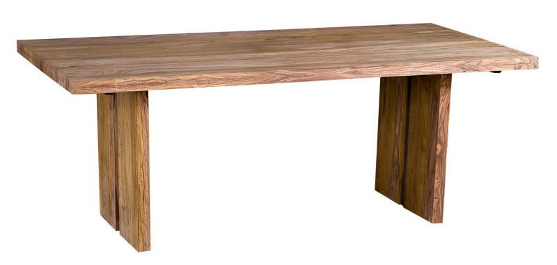 Holzesstisch mit rechteckiger Tischplatte und massiven Beinen, seitliche Perspektive