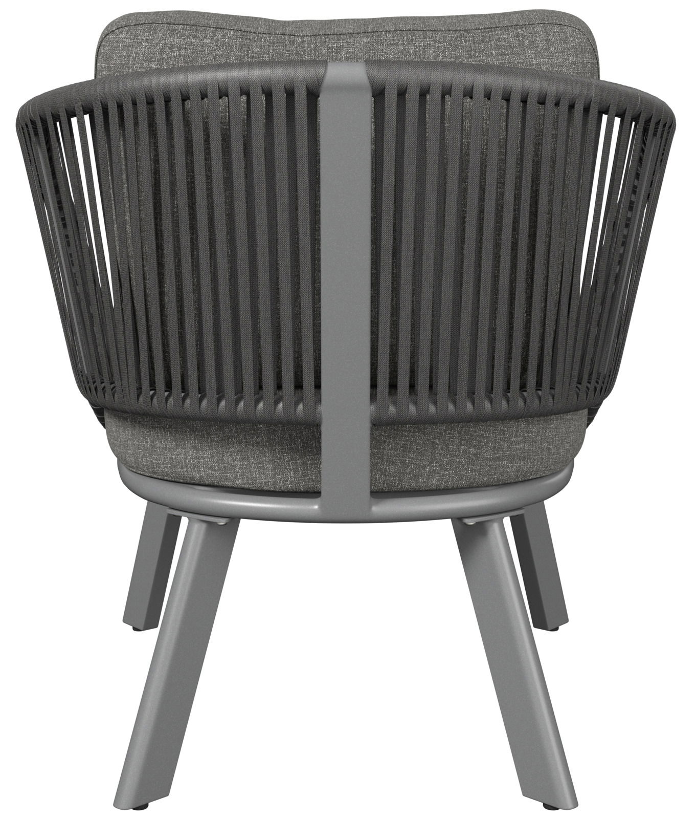 Rückansicht eines modernen Loungesessels mit grauem Stoffbezug und dunklem Gestell.