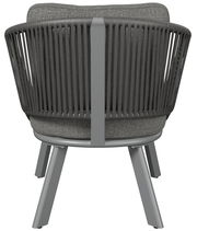 Rückansicht eines modernen Loungesessels mit grauem Stoffbezug und dunklem Gestell.