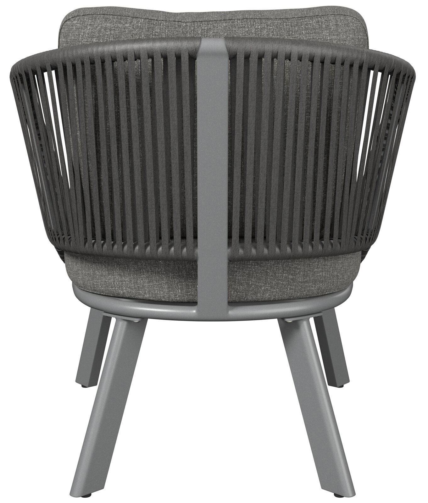 Rückansicht eines modernen Loungesessels mit grauem Stoffbezug und dunklem Gestell.