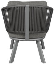 Rückansicht eines modernen Loungesessels mit grauem Stoffbezug und dunklem Gestell.