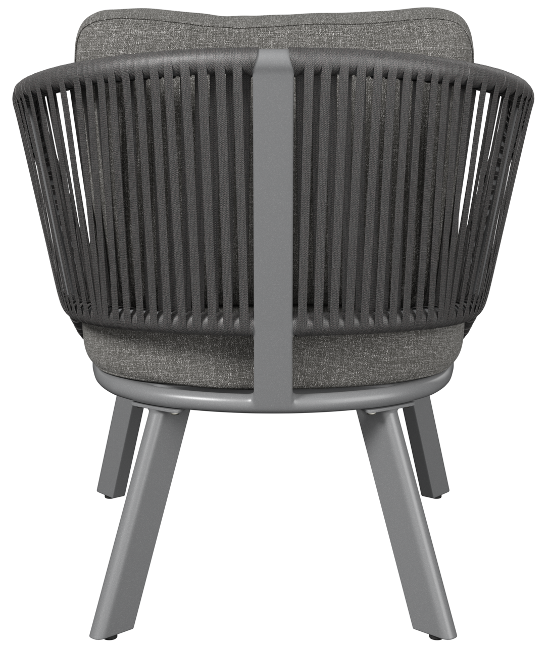 Rückansicht eines modernen Loungesessels mit grauem Stoffbezug und dunklem Gestell.