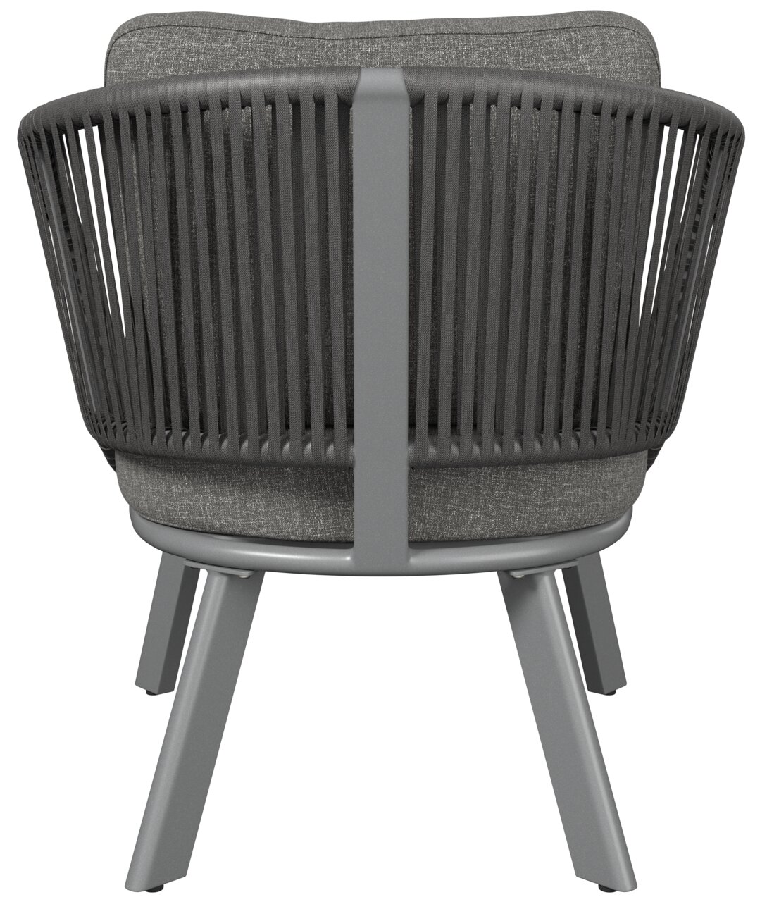 Rückansicht eines modernen Loungesessels mit grauem Stoffbezug und dunklem Gestell.