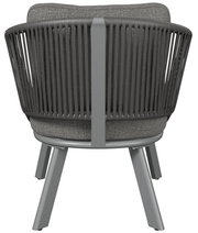 Rückansicht eines modernen Loungesessels mit grauem Stoffbezug und dunklem Gestell.