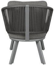 Rückansicht eines modernen Loungesessels mit grauem Stoffbezug und dunklem Gestell.