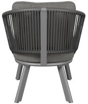 Rückansicht eines modernen Loungesessels mit grauem Stoffbezug und dunklem Gestell.